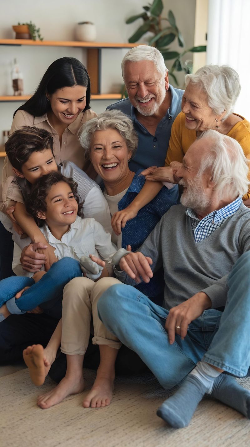 Família grande sorrindo na sala